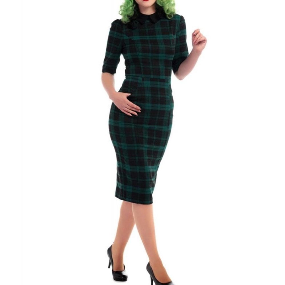 Collectif Winona Short Sleeve Slither Check Pencil Dress Medium